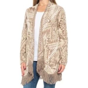 Lucky Brand Women's Brown Fringed Aztec Open Front Cardigan Sweater Boho
Size L